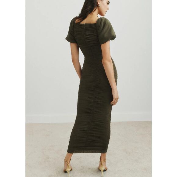 Ronny Kobo Olive Mesh Ruched Midi Dress MEDIUM Slinky Bodycon Cocktail Designer - Picture 3 of 12